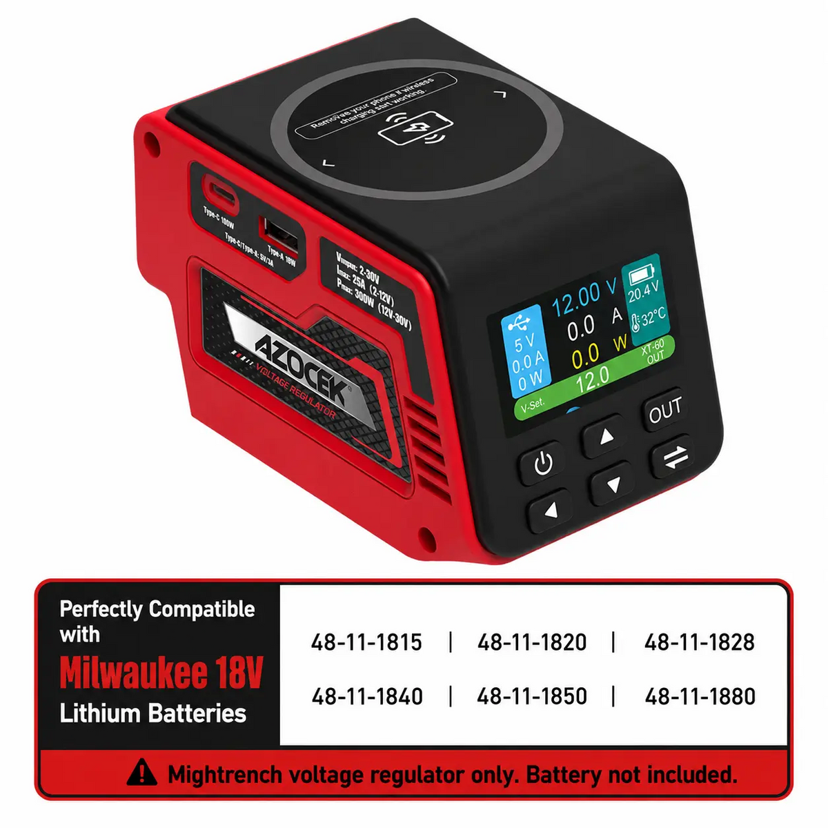 Adjustable 2–30V DC Voltage Regulator – 300W Power Converter with USB-C PD3.1, USB-A & Wireless Charging, LCD Display