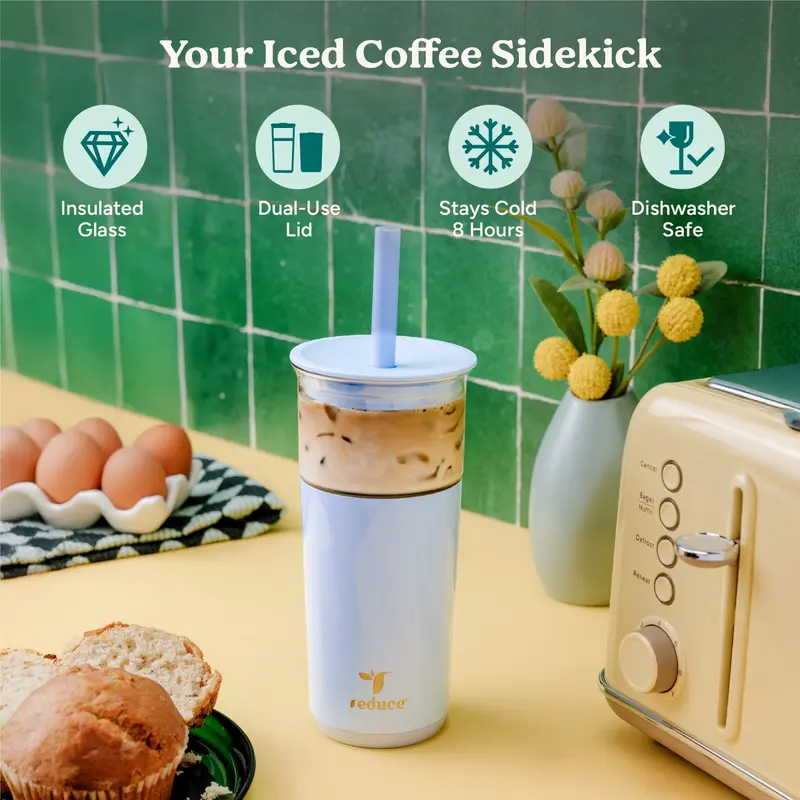 20oz Insulated Glass Tumbler – Portable Reusable Drink Cup for Iced Coffee, Boba & Cold Drinks