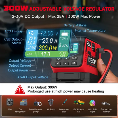 Adjustable 2–30V DC Voltage Regulator – 300W Power Converter with USB-C PD3.1, USB-A & Wireless Charging, LCD Display