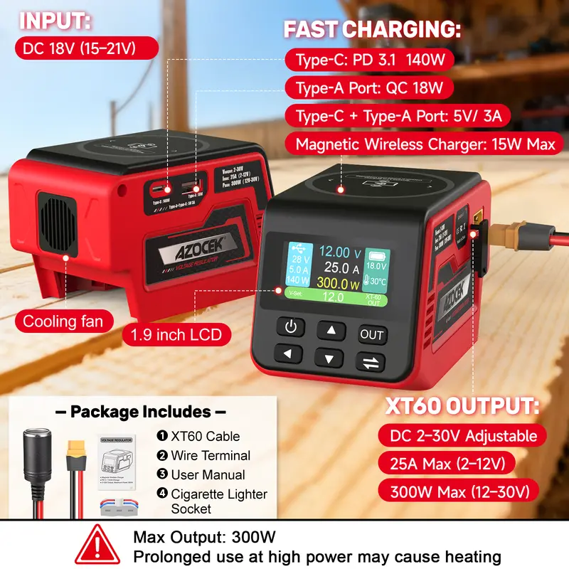 Adjustable 2–30V DC Voltage Regulator – 300W Power Converter with USB-C PD3.1, USB-A & Wireless Charging, LCD Display