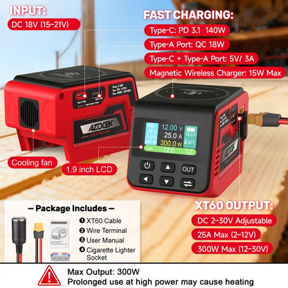 Adjustable 2–30V DC Voltage Regulator – 300W Power Converter with USB-C PD3.1, USB-A & Wireless Charging, LCD Display