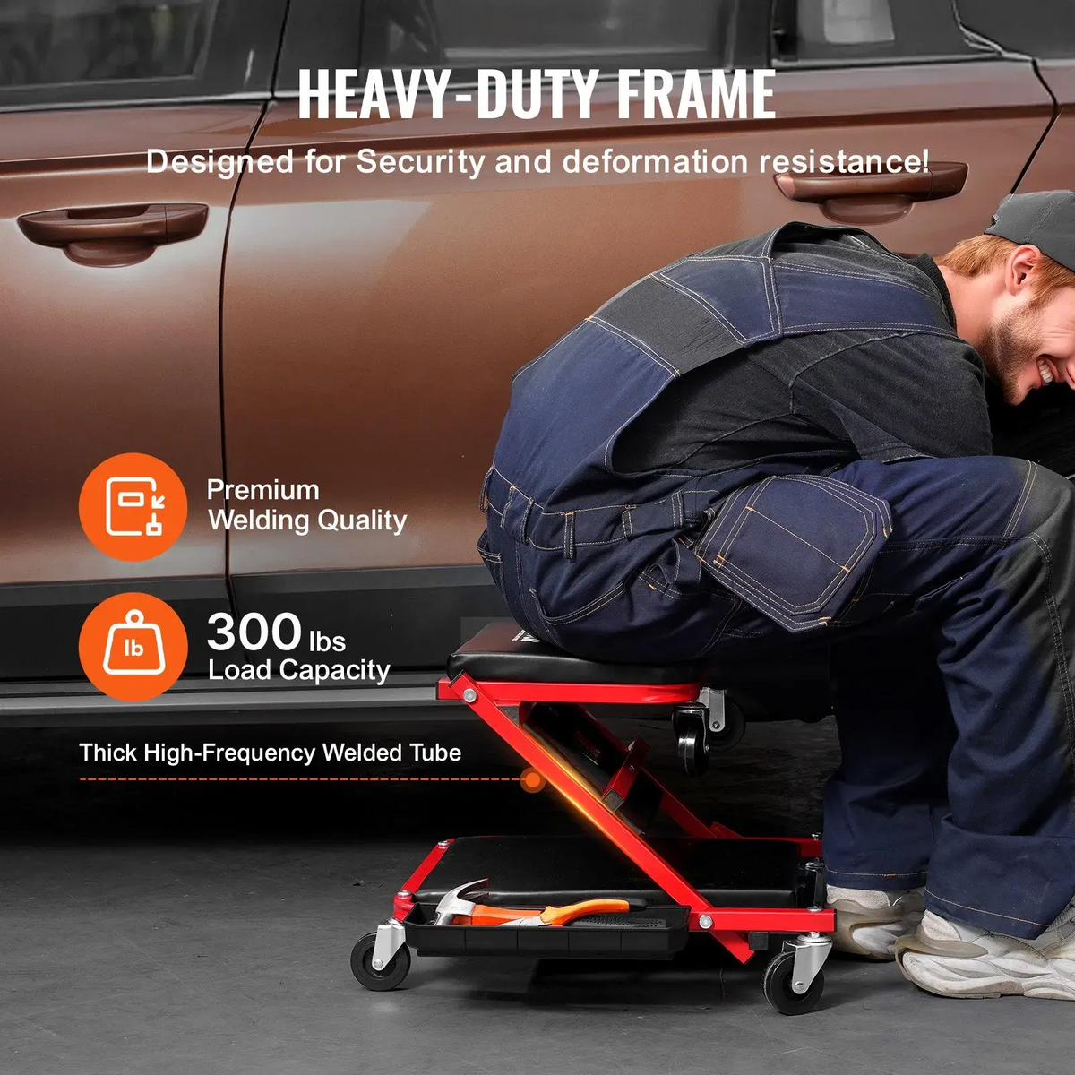 36-Inch Foldable Z-Shape Garage Creeper – 300 lb Heavy-Duty Mechanic Creeper with 6 Quiet Wheels, Padded Seat & Tool Tray