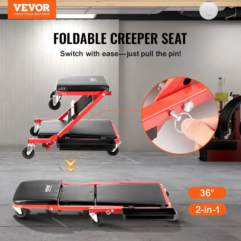 36-Inch Foldable Z-Shape Garage Creeper – 300 lb Heavy-Duty Mechanic Creeper with 6 Quiet Wheels, Padded Seat & Tool Tray